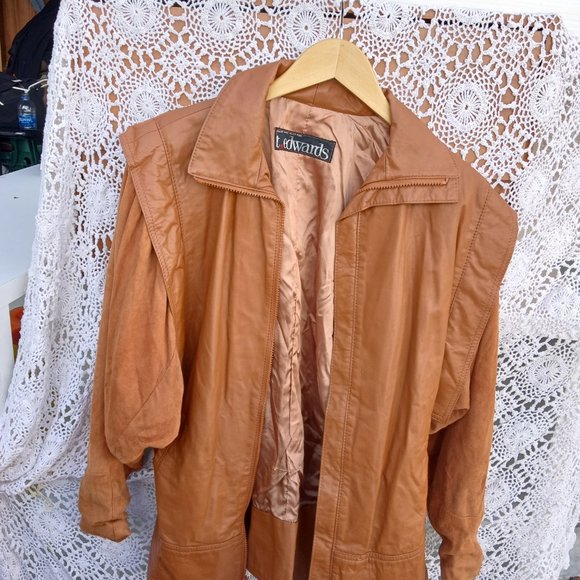 Vintage 80s T Edwards Leather Jacket Flare Shoulders Pockets Lined Cognic - Picture 3 of 10
